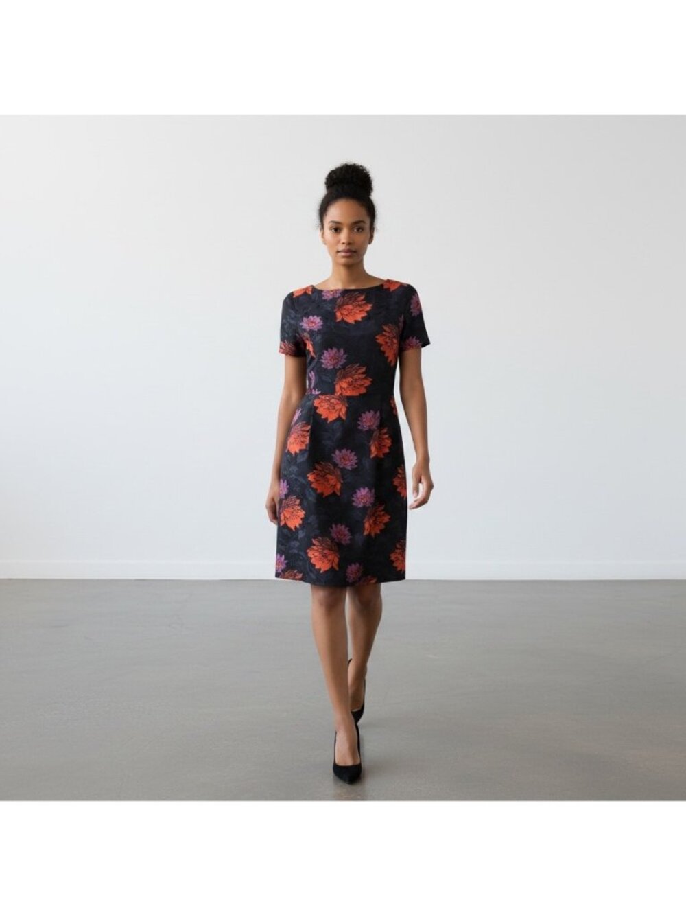 L.K. Bennet Floral Print Jacquard Pattern Knee-Length Dress With Short Sleeves 8
